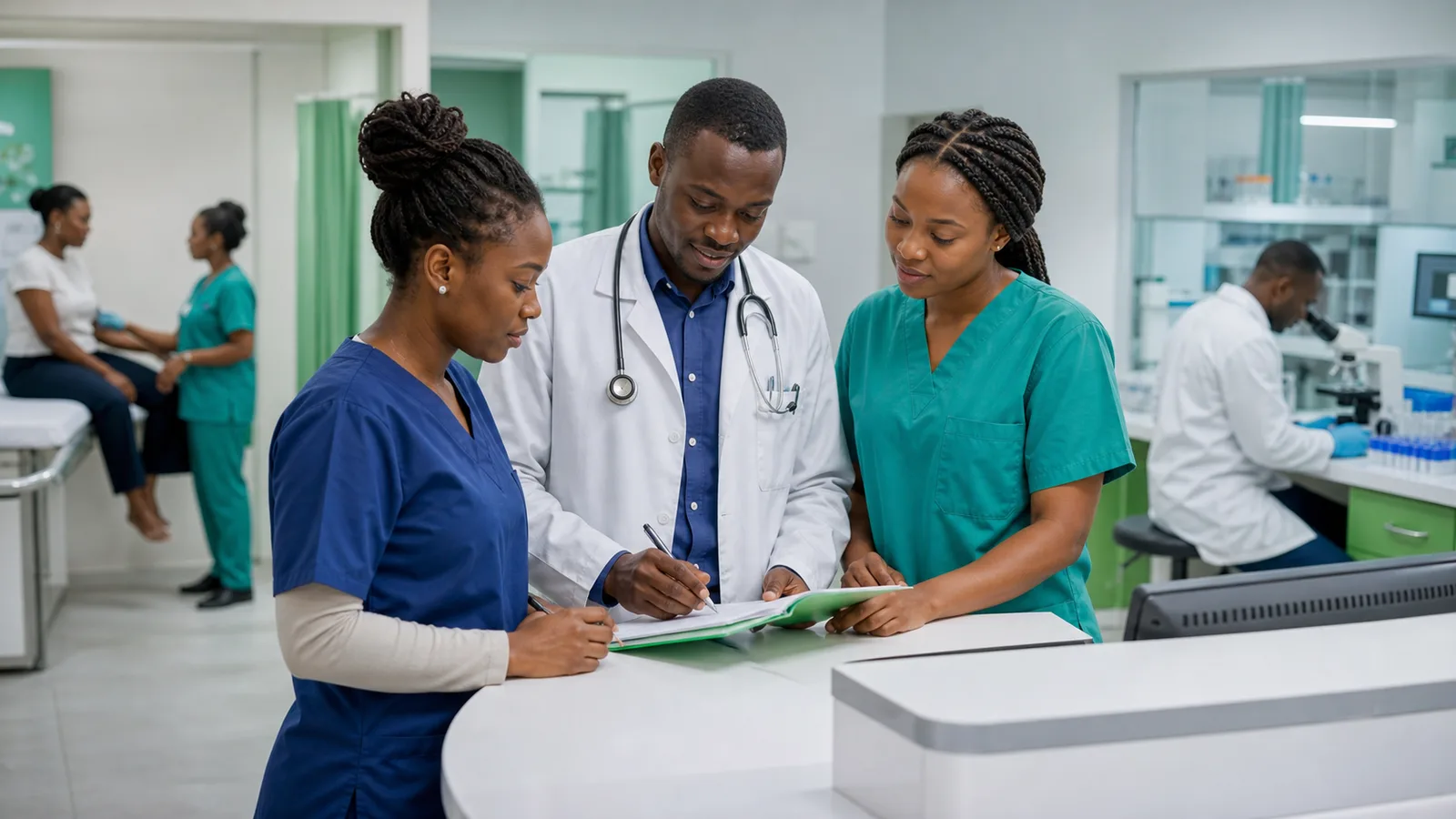 African clinical and laboratory healthcare professionals collaborating in a clean Kentap-style clinic